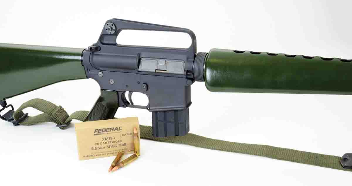The early M16 used by the U.S. Army and U.S. Marine Corps had green stocks. Note also that it does not have the bolt assist button at the right rear of the action.
